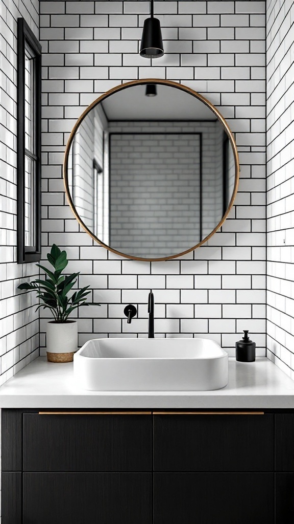 A stylish bathroom featuring white subway tiles, a round mirror, black fixtures, and a small plant.