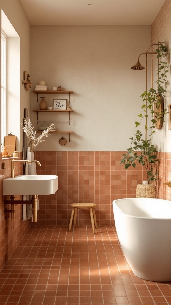 A bathroom featuring warm terracotta tiles, soft beige walls, and modern fixtures.