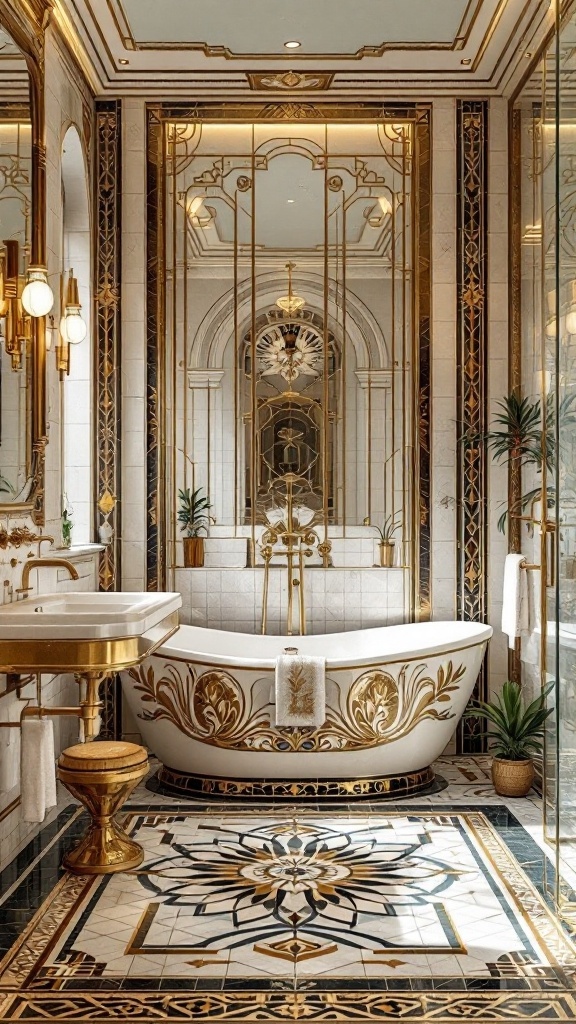 A luxurious Art Deco bathroom featuring intricate mosaic tiles, gold accents, and elegant fixtures.