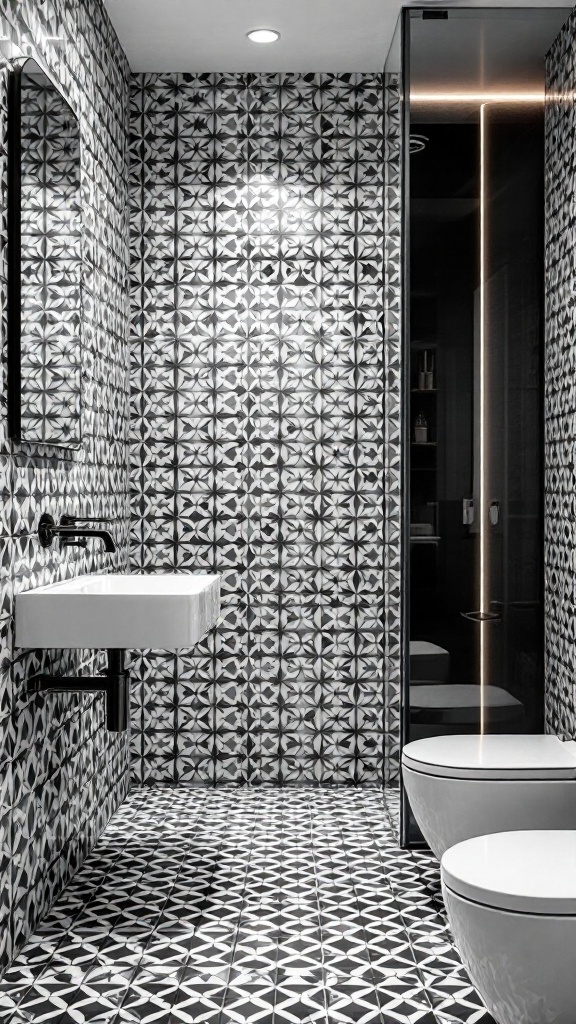 A modern bathroom featuring bold geometric black and white ceramic tiles on the walls and floor.