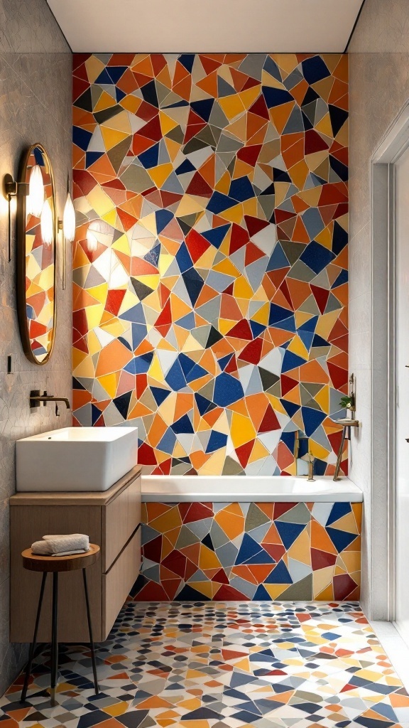 A colorful bathroom featuring a bold mosaic tile wall with vibrant geometric patterns.