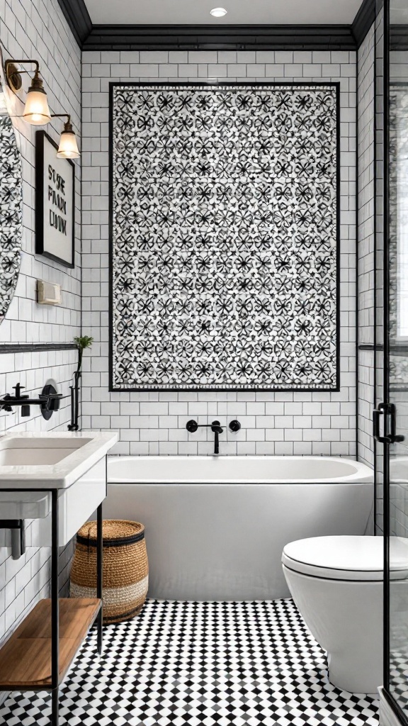 A stylish bathroom featuring black and white mosaic tiles, a white bathtub, and modern fixtures.