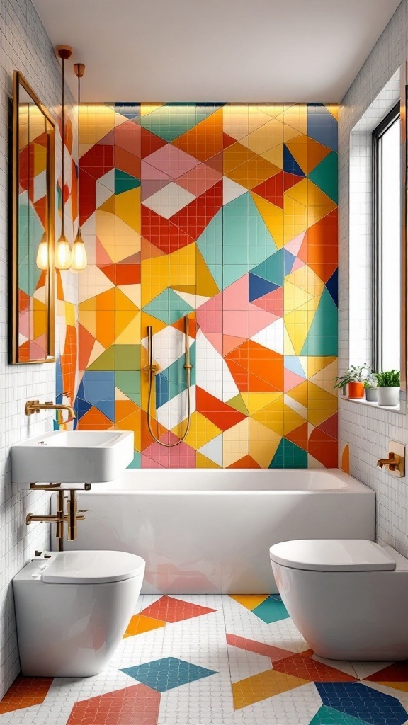 A vibrant bathroom with colorful geometric mosaic tiles on the walls and floor.