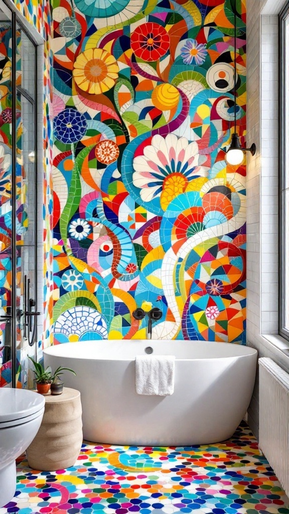 A bathroom featuring colorful mosaic tile designs on the walls and floor.