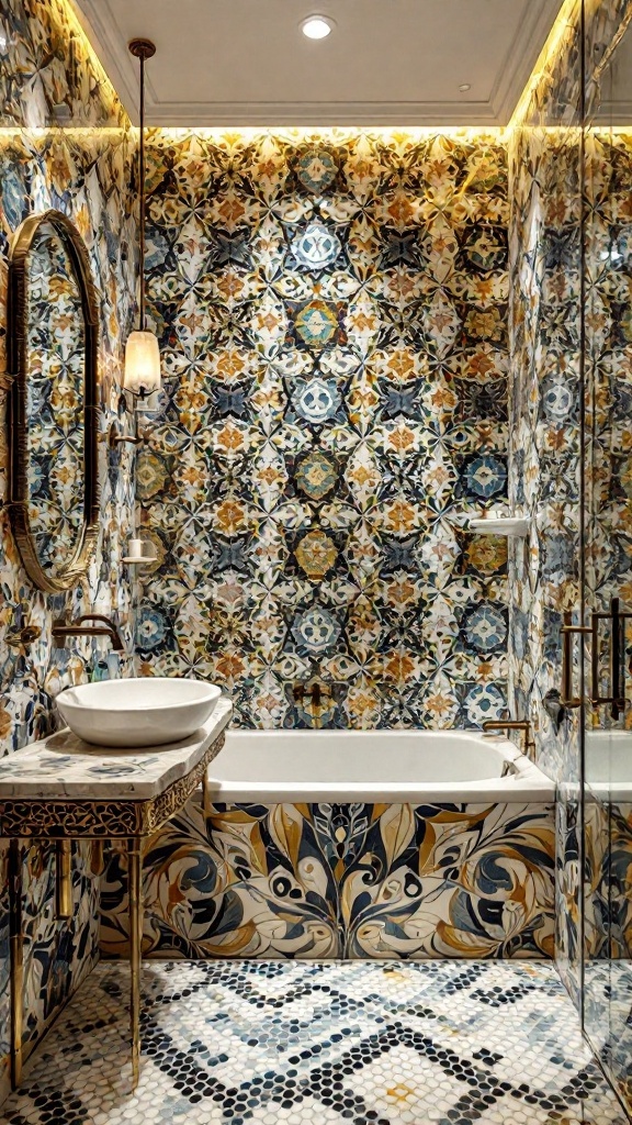 A colorful bathroom featuring intricate mosaic tiles on walls and a stylish sink