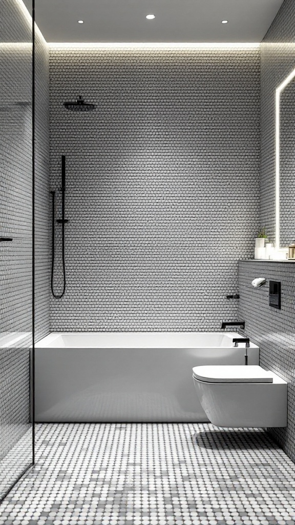 A minimalist monochrome bathroom with mosaic tiles in gray and white