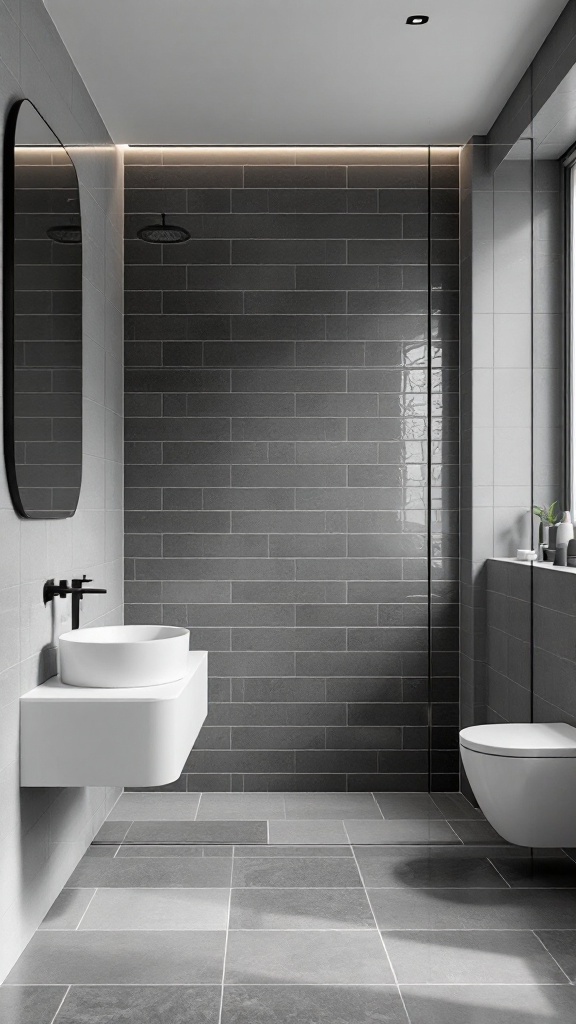 A modern bathroom with gray ceramic tiles and sleek fixtures showcasing a monochrome color scheme.