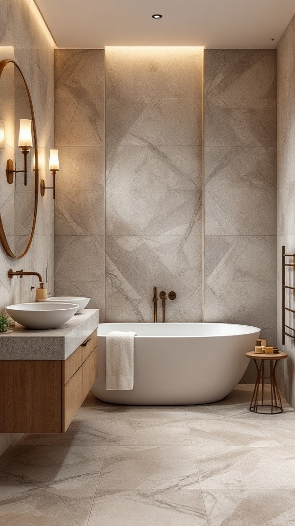 A modern bathroom featuring natural stone look tiles, with a freestanding tub, wooden vanity, and warm lighting.