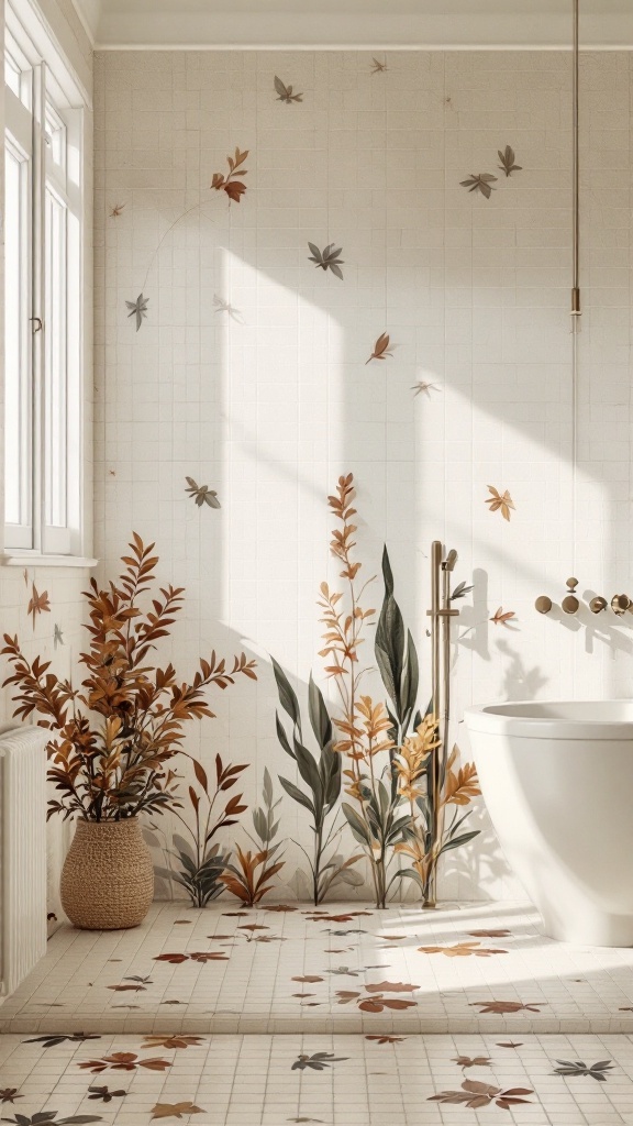 Bathroom with nature-inspired mosaic tiles featuring leaf and floral designs