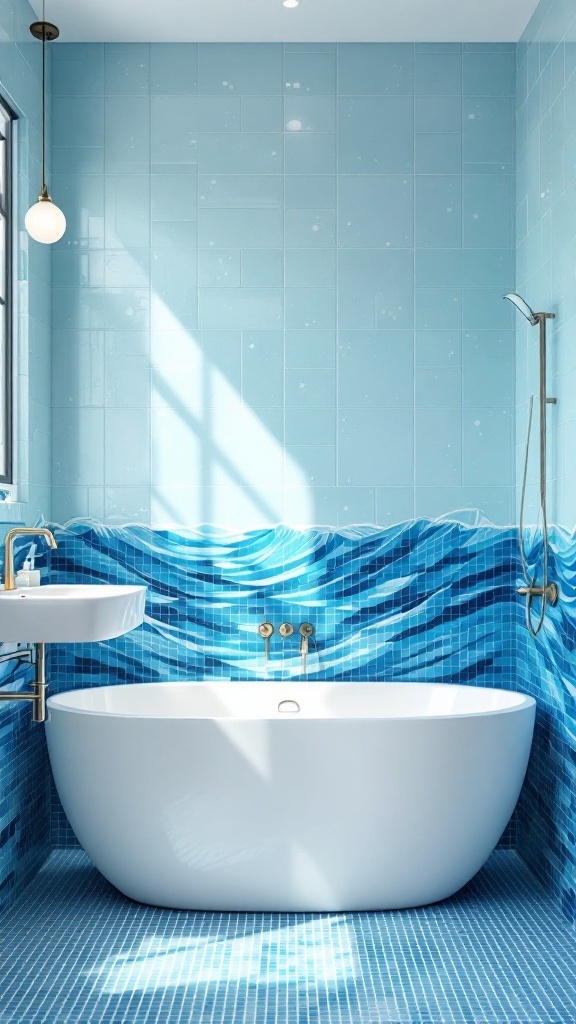 A bright bathroom featuring ocean-inspired mosaic tiles in various shades of blue, a freestanding tub, and gold fixtures.