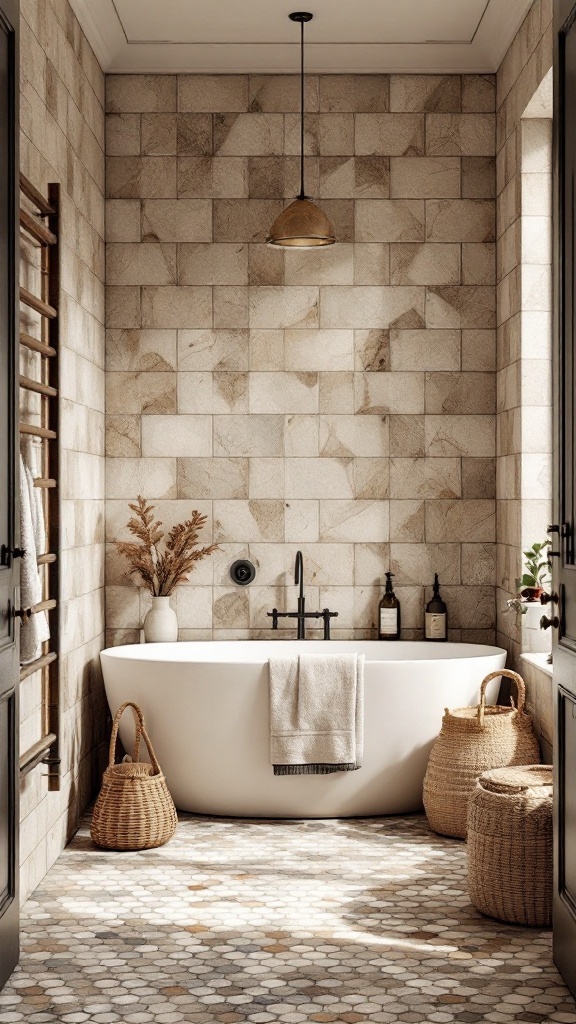 A rustic farmhouse bathroom featuring mosaic tiles, a freestanding bathtub, and warm earthy tones.