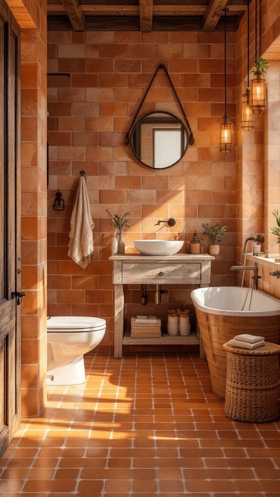 A cozy bathroom featuring rustic terracotta tiles, wooden accents, and warm lighting.