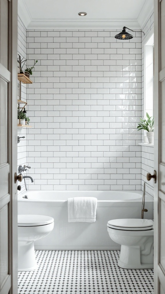 A bathroom featuring white subway tiles on walls, a black and white patterned floor, and plants on shelves.