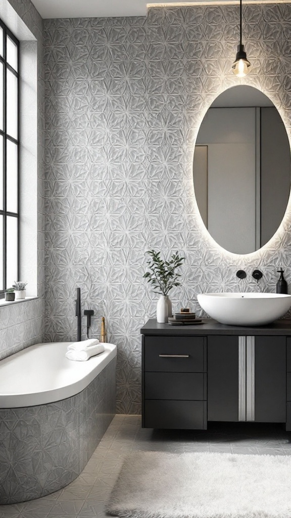 Modern bathroom featuring textured 3D tiles on the wall, a sleek black vanity, and a stylish bathtub.