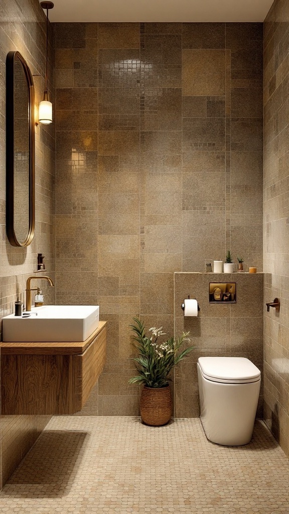 A bathroom with earthy toned mosaic tiles, a floating wooden vanity, and a plant for decoration