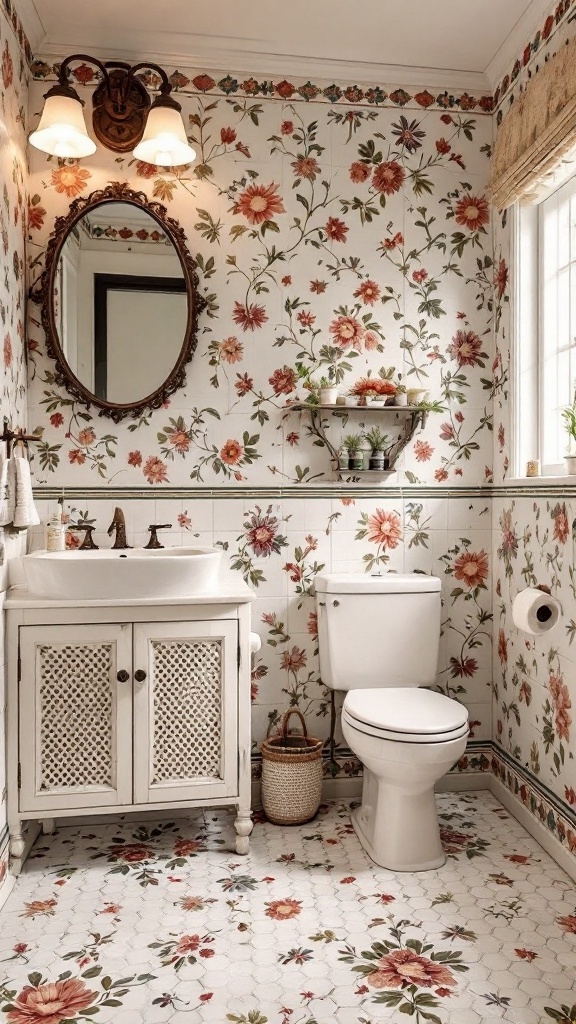 A vintage-inspired bathroom with floral print wallpaper and floor tiles
