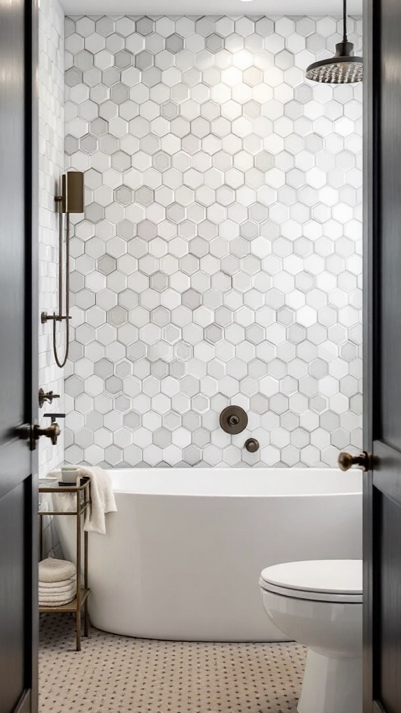 A bathroom featuring hexagonal wall tiles in varying shades of gray, combined with a sleek white bathtub and modern fixtures.