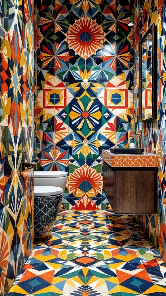 A vibrant bathroom featuring bold geometric patterned tiles on the walls and floor, showcasing a mix of colors and shapes.