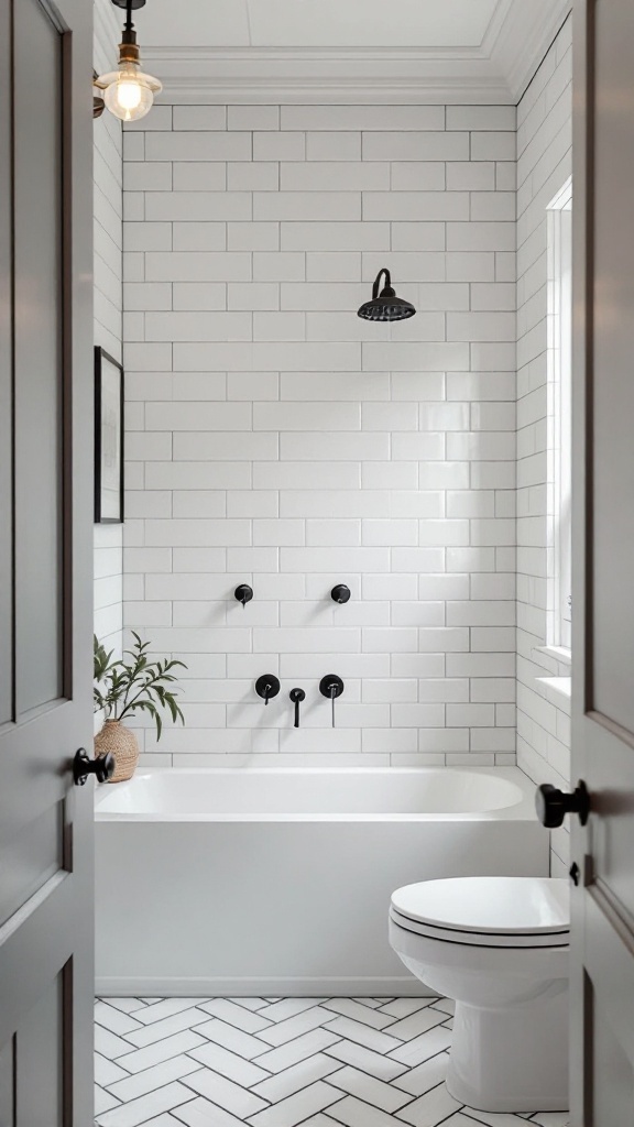 A bathroom with classic subway tiles, black fixtures, and a herringbone floor pattern.