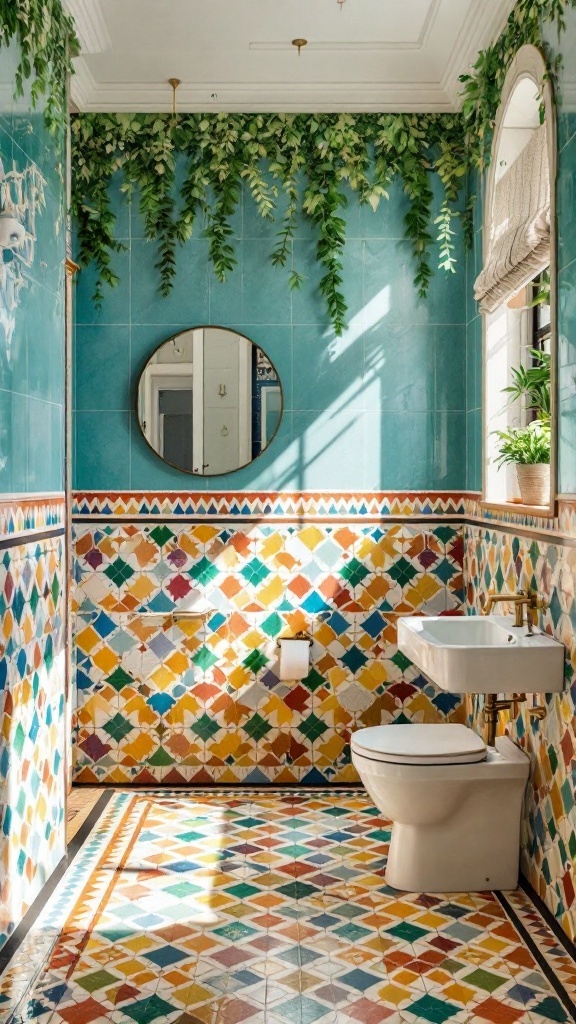 A bathroom featuring colorful Moroccan-inspired tiles on the walls and floor, with green plants and a round mirror.