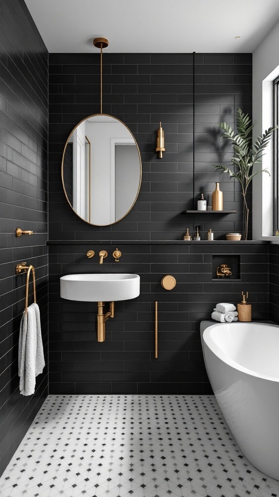 A modern bathroom featuring matte black wall tiles, white fixtures, and gold accents.