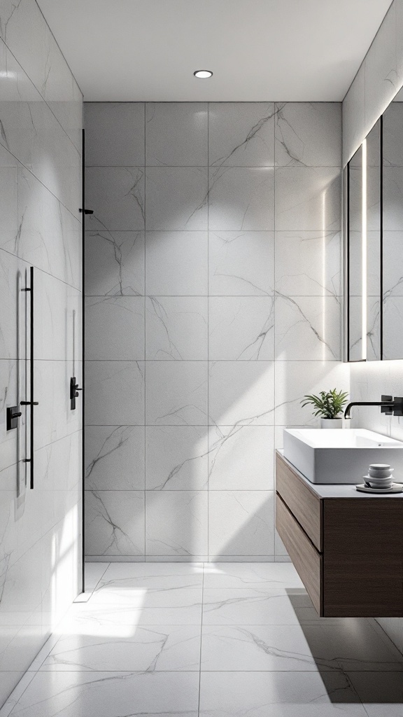 A minimalist bathroom with white and gray tiles, wooden vanity, and a small plant.