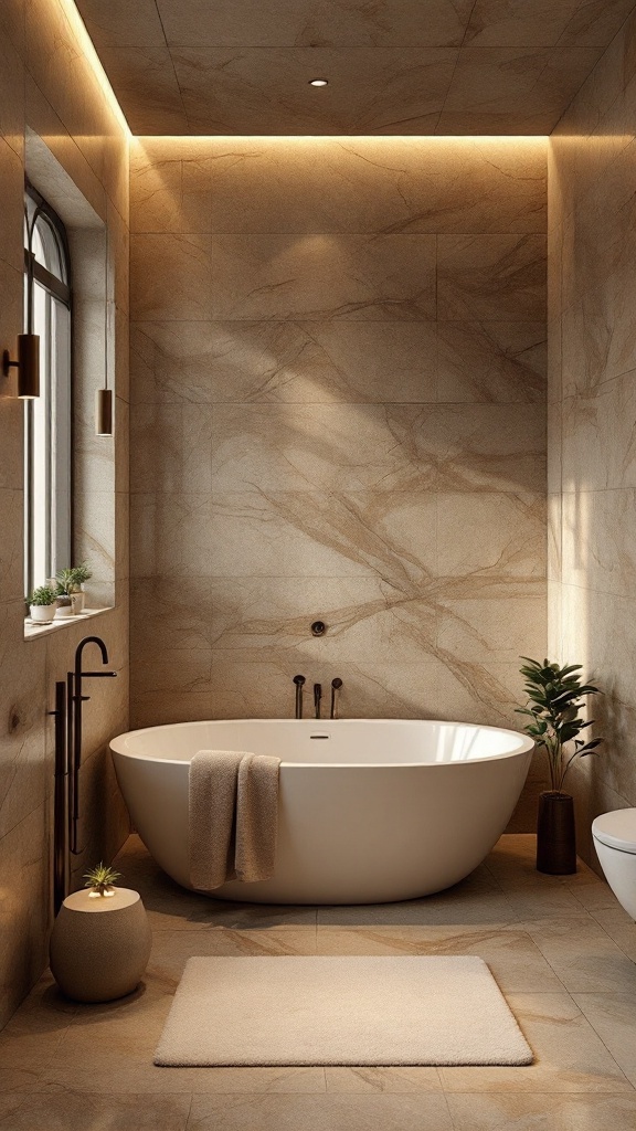 A modern bathroom with natural stone accents, featuring a freestanding bathtub, soft lighting, and potted plants.