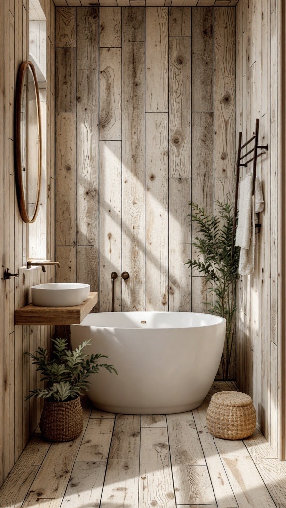 A rustic bathroom featuring wood-look tiles, a freestanding bathtub, and minimalist decor.