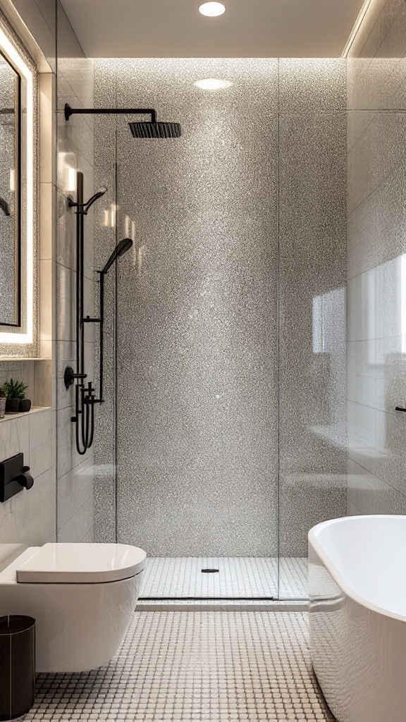 Elegant bathroom design featuring shimmering glass mosaic tiles in the shower area