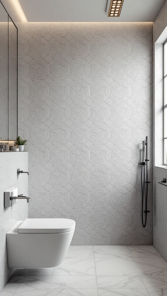 A modern bathroom featuring textured 3D wall tiles in light gray, with a white toilet and sleek fixtures.