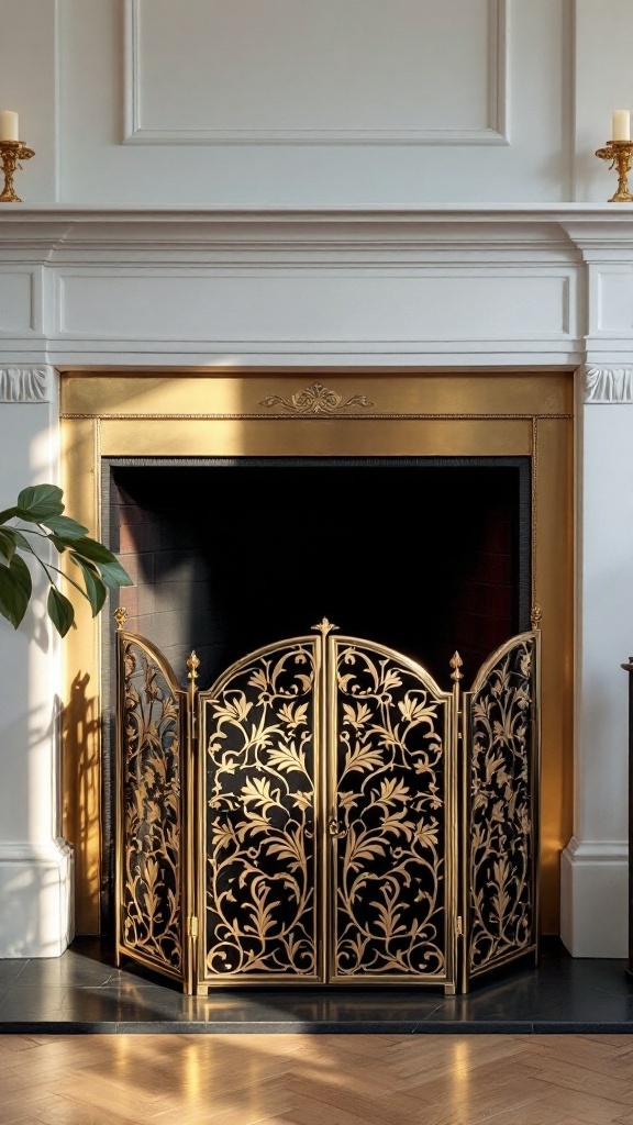 A brass decorative screen in front of a fireplace with intricate floral designs.
