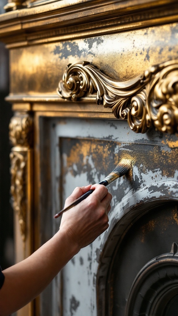 A hand applying a modern finish to brass fireplace elements with a brush