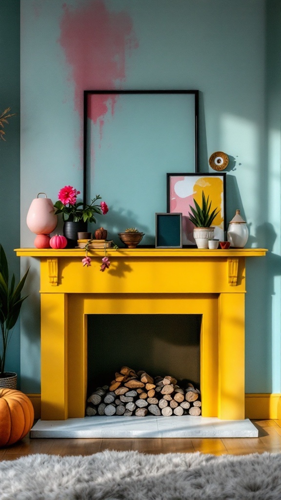 Bright yellow fireplace mantel with stacked logs and colorful decor against a blue wall