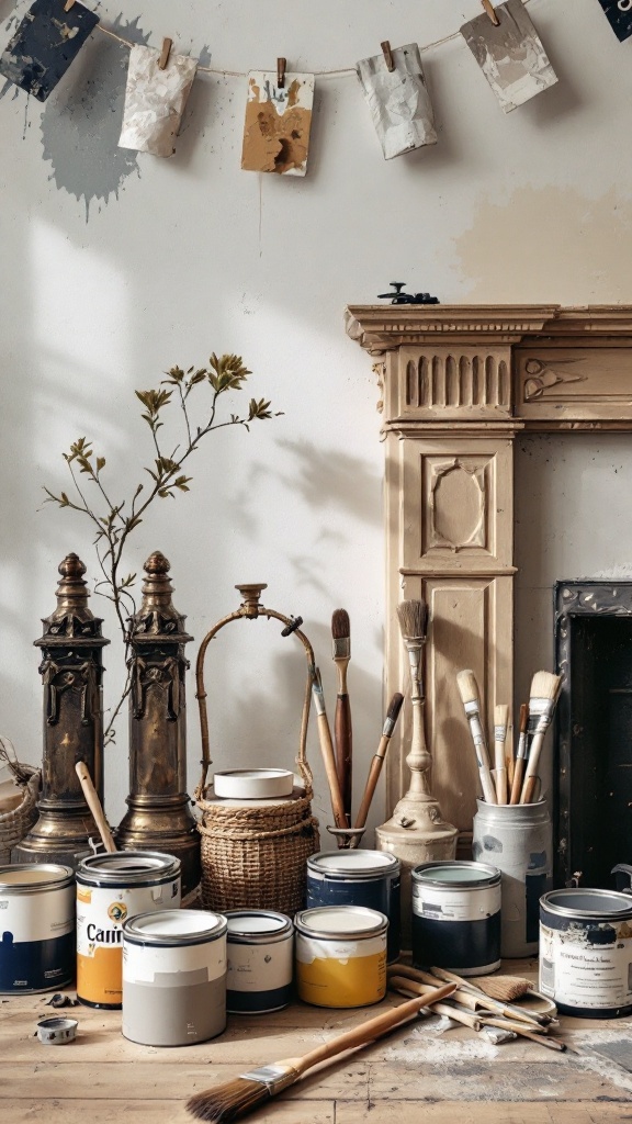 An assortment of paint cans and brushes in front of a fireplace, with paint swatches hanging above.