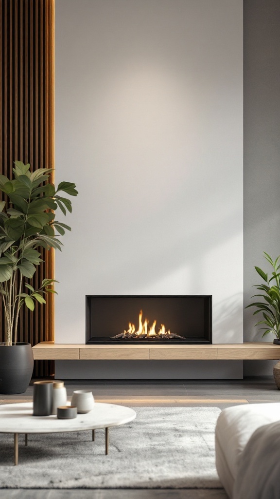 A modern eco-friendly bioethanol fireplace with a minimalist design, surrounded by plants and a cozy living room setting.