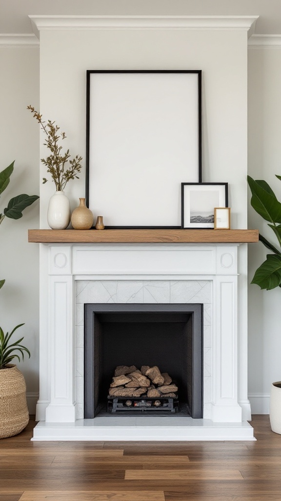 A modern fireplace with a wooden mantle and floating shelves ready for decor.