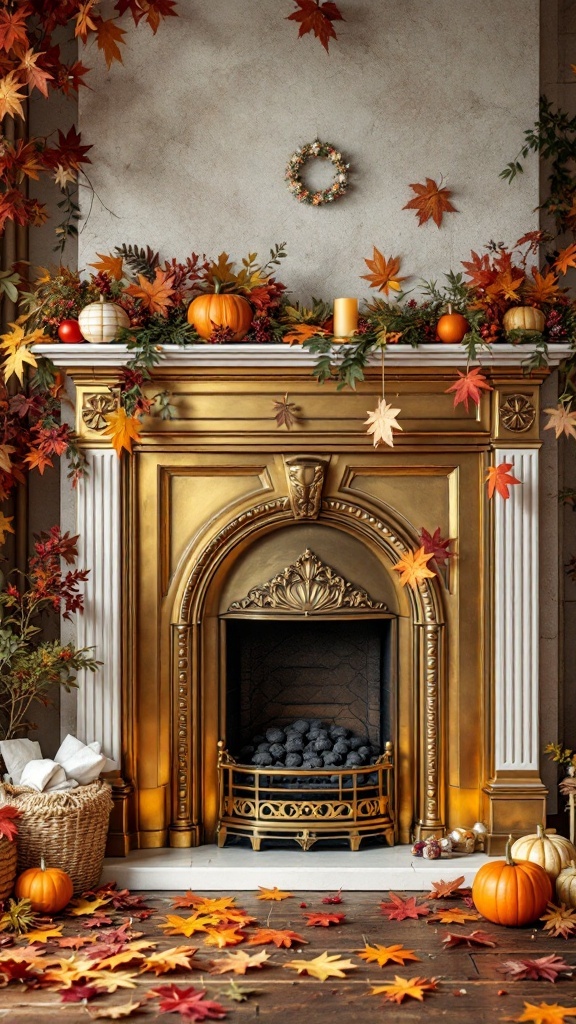 A beautifully decorated brass fireplace with autumn leaves, pumpkins, and a wreath.