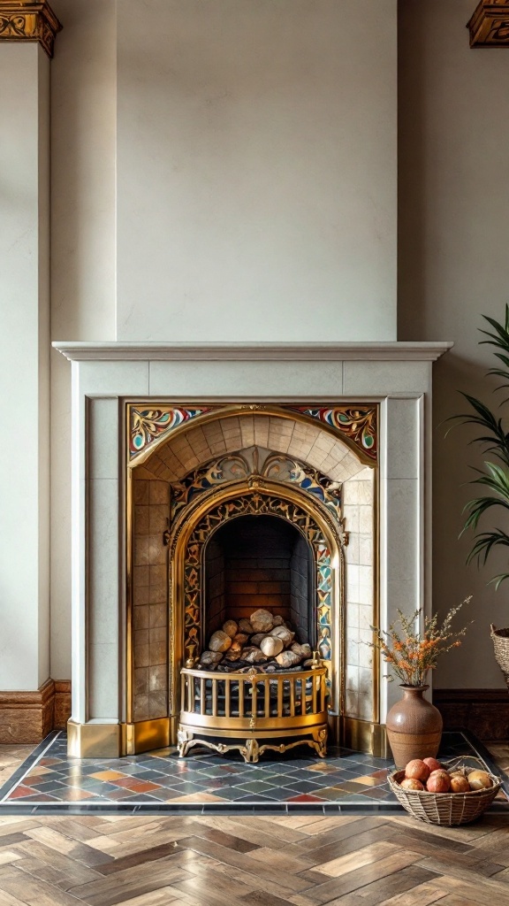 A beautifully designed fireplace with intricate brass details and a colorful tiled hearth.