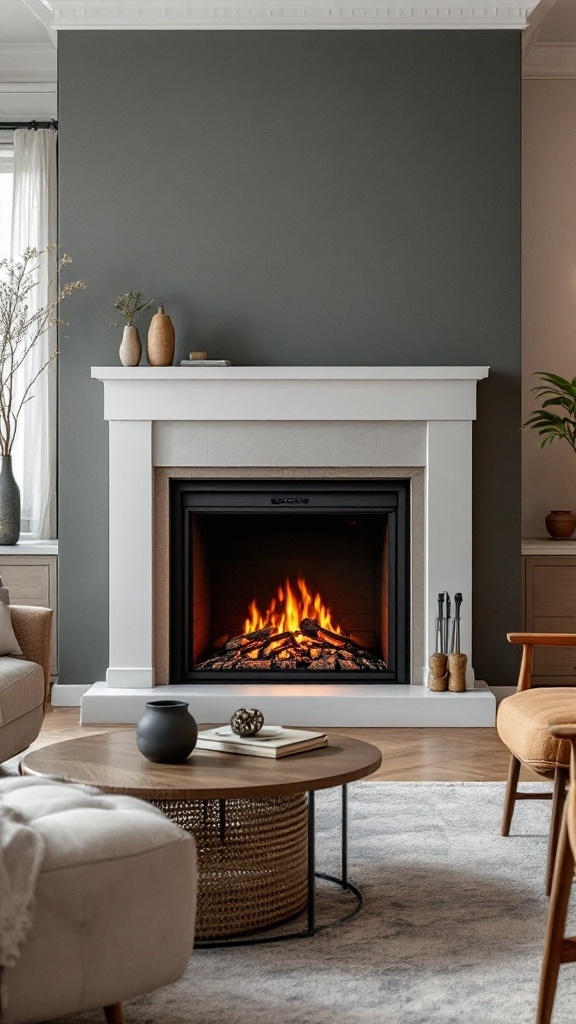 A modern fireplace with a clean design, surrounded by a cozy living area.