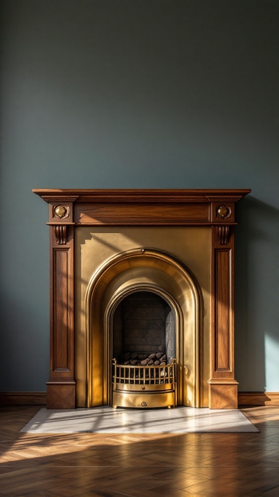 A brass fireplace with wooden accents, creating a warm and inviting atmosphere.