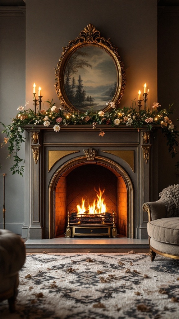 A cozy fireplace with brass accents, surrounded by soft lighting and decorative elements.