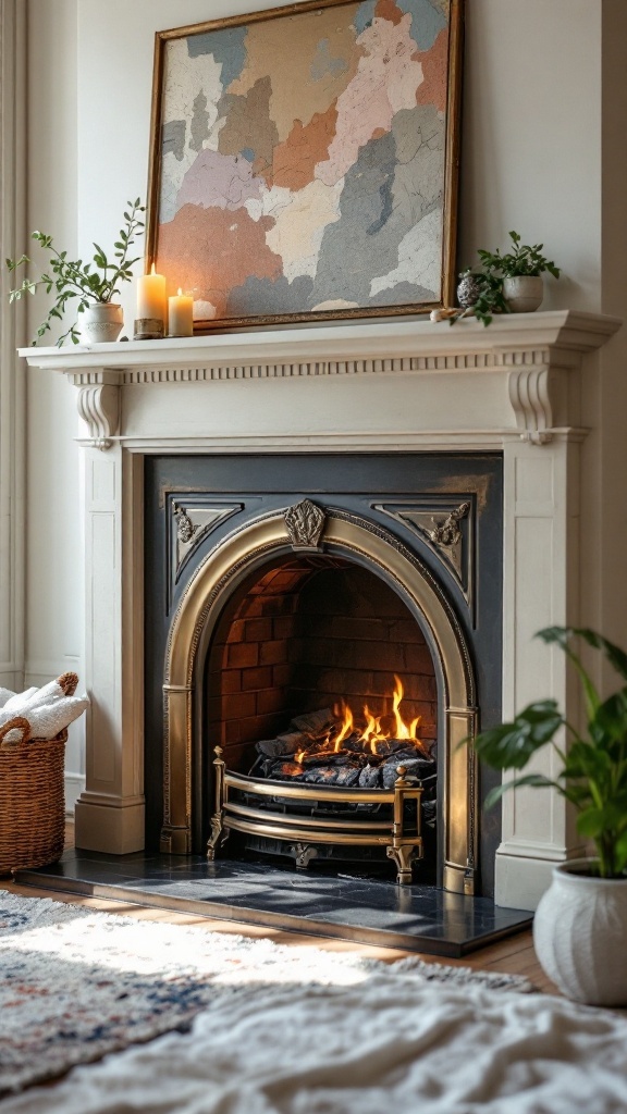 A beautifully maintained brass fireplace with a cozy flame and decorative accessories.