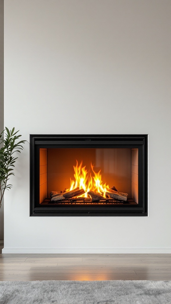 A modern fireplace with a glass front, featuring a bright flame and minimalistic design.