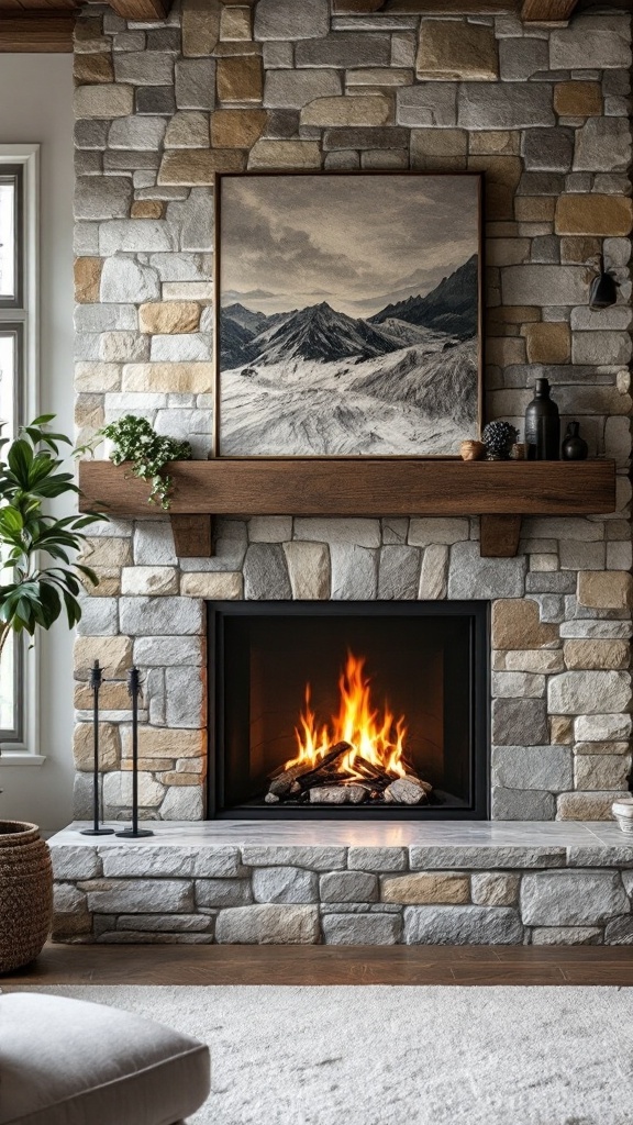 A cozy fireplace with a stone surround, featuring a mountain artwork above, surrounded by modern decor.