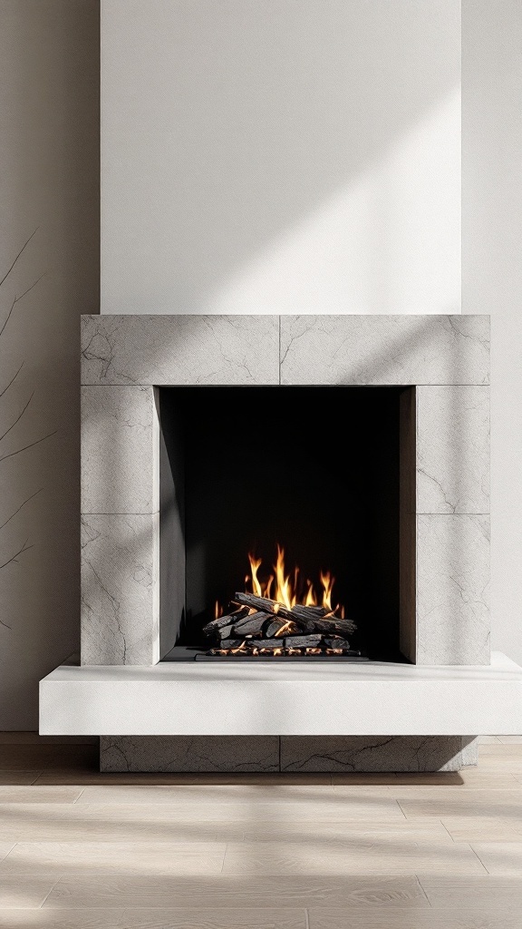 Modern fireplace with a sleek stone surround, featuring a dark interior and glowing flames.