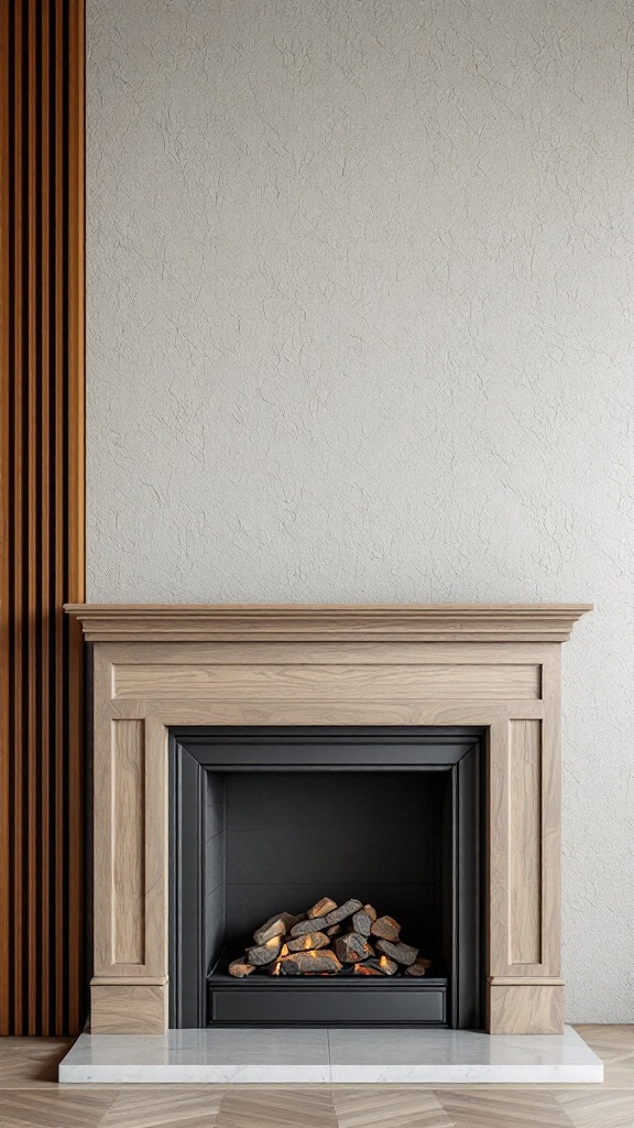 A modern fireplace with a textured accent wall and wooden paneling.