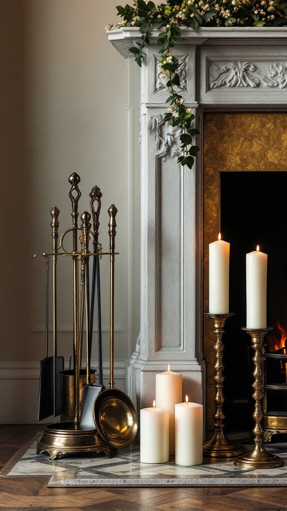 A modern brass fireplace with elegant accessories, including candles and fireplace tools