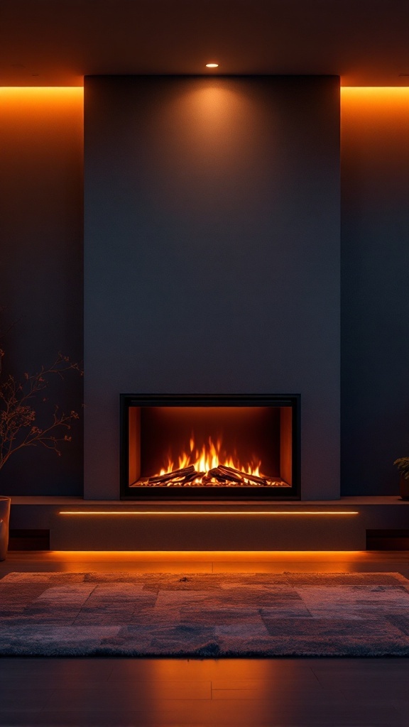 A modern fireplace with warm LED lighting in a cozy setting.