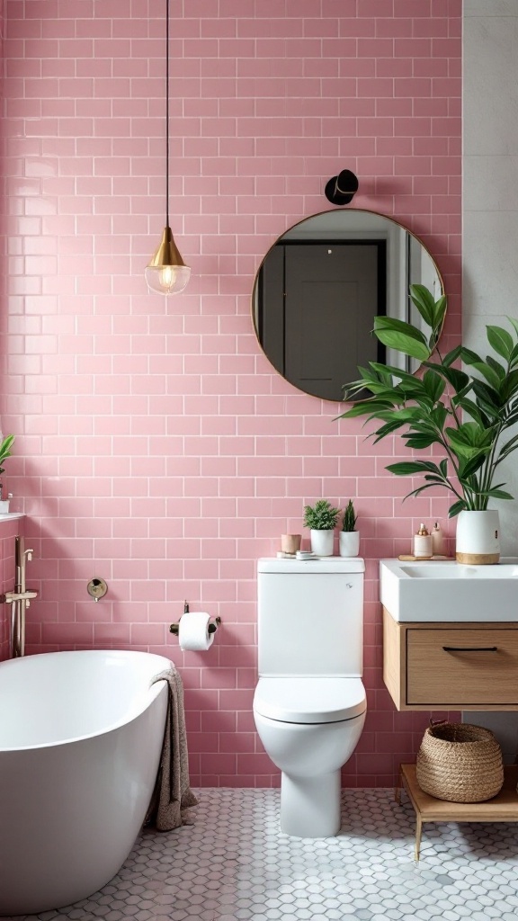 A stylish pink tile bathroom featuring a bold pink wall, modern fixtures, plants, and a round mirror.