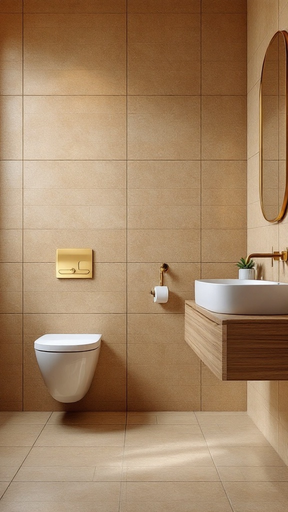 A tan tile bathroom featuring a modern design with gold fixtures and a wooden vanity.